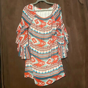 Navajo Print Shirt Womens Top orange teal white black size medium Ruffle sleeves